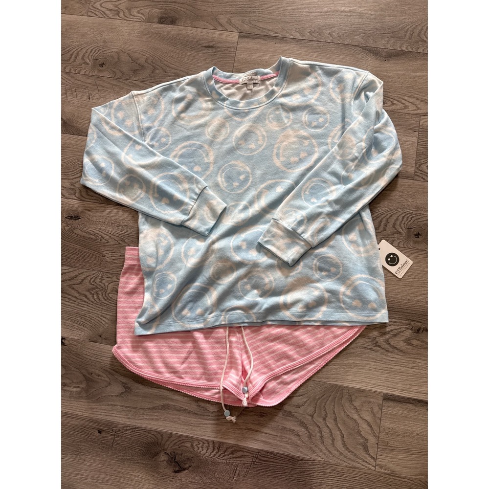 PJ Salvage Large Smiley Face Top & XL Striped Shorts Pajama Lounge Set Blue Pink